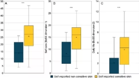 Visuel axe 5 - Burden of Sensitive Skin (BoSS) scores according to the self-reported facial skin sensitivity of the subjects